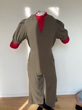 Monteau Olive-Taupe Short Sleeve V-Neck Jumpsuit